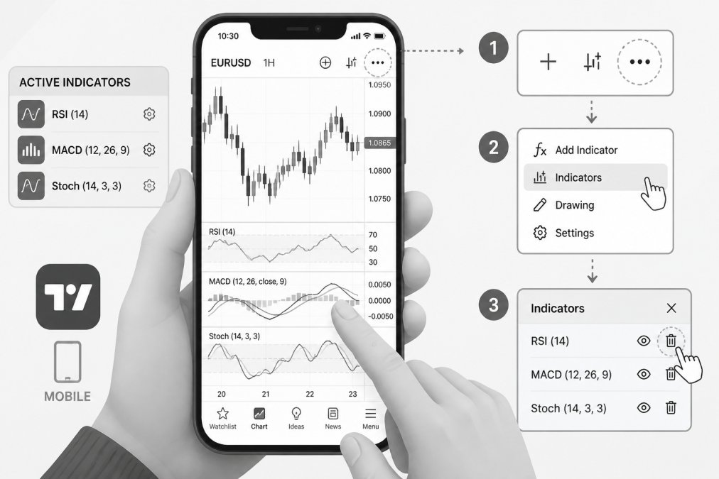 Trader holding smartphone displaying TradingView mobile app with candlestick chart and multiple technical indicators visible, finger touching the screen to access indicator menu options