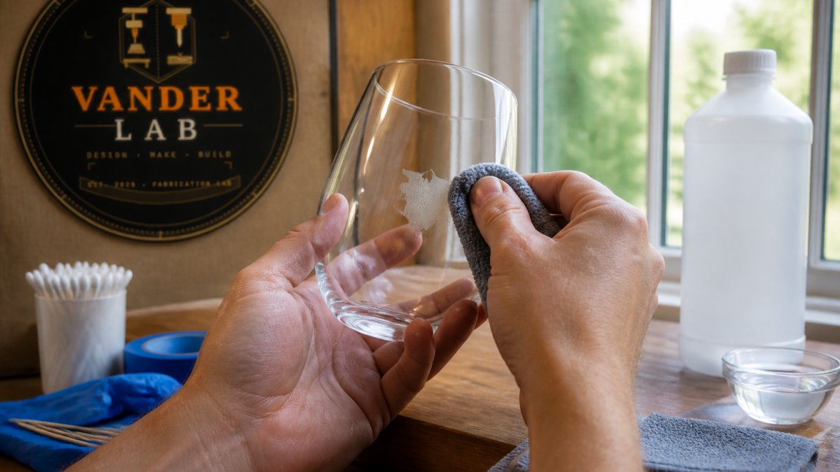 Hands using a soft cloth and isopropyl alcohol for laser etching removal on a drinking glass by a window.