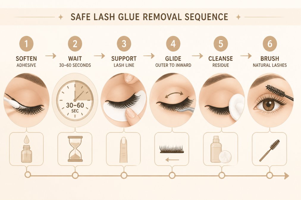 Flowchart of the safe removal sequence: soften adhesive with remover, wait 30-60 seconds, support the lash line, glide the lash away from the outer corner inward, cleanse residue, brush natural lashes