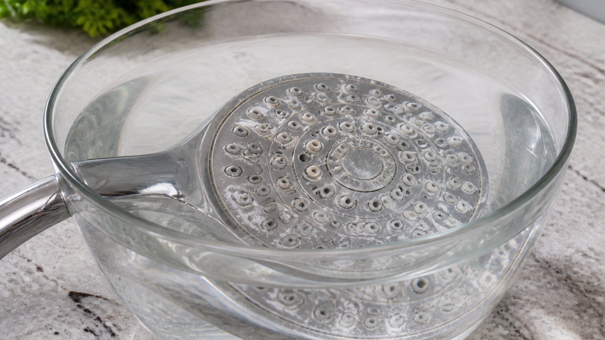 Close-up of a showerhead submerged in a clear container filled with white vinegar solution, showing mineral deposits visible on the spray nozzles under bright kitchen lighting