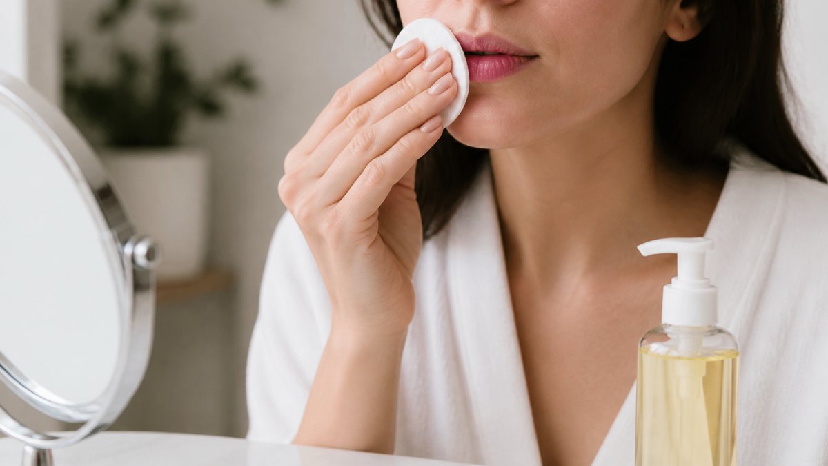 Close-up of a woman's hands gently pressing a cotton pad soaked with oil-based cleanser against her lips, with a small bottle of cleansing oil and a mirror on a clean bathroom counter