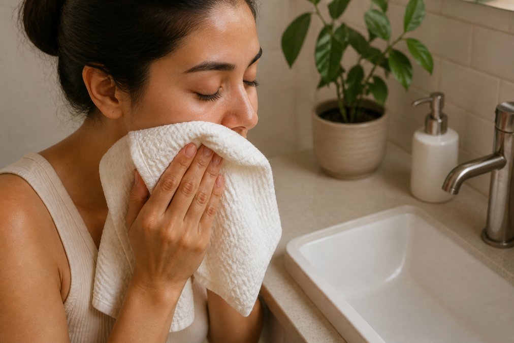 Close-up of a woman gently pressing a soft white facial towel against her face over a bathroom sink, eyes closed, warm ambient lighting, no friction or rubbing motion visible
