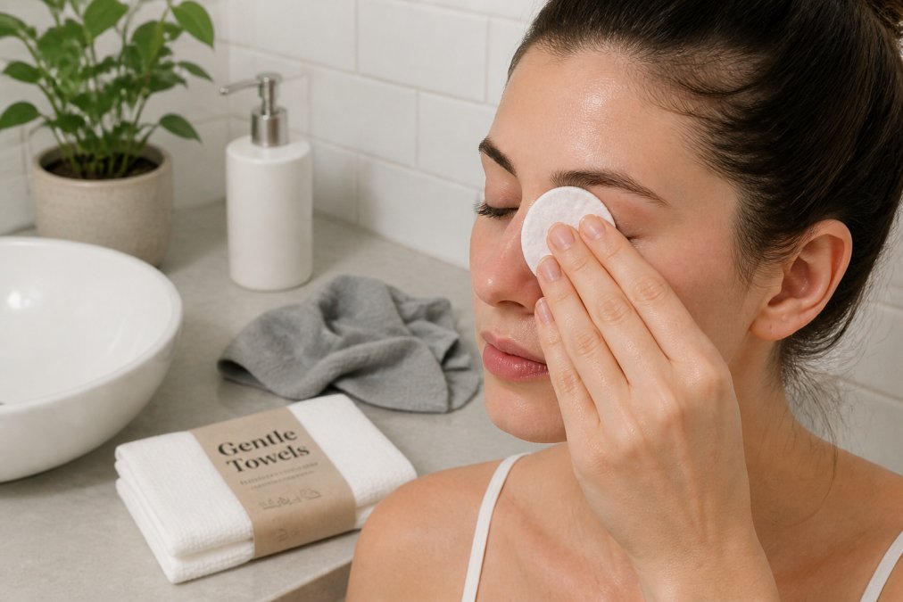 Close-up of a woman's fingertip gently resting a cotton pad soaked in oil cleanser against closed eyelashes, soft warm bathroom lighting, no pressure or rubbing visible