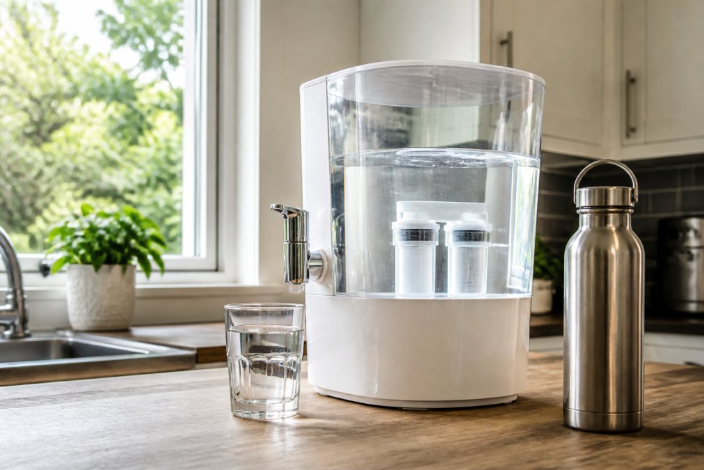 Benchtop water filter with a glass of water and a stainless steel bottle on a bright kitchen worktop