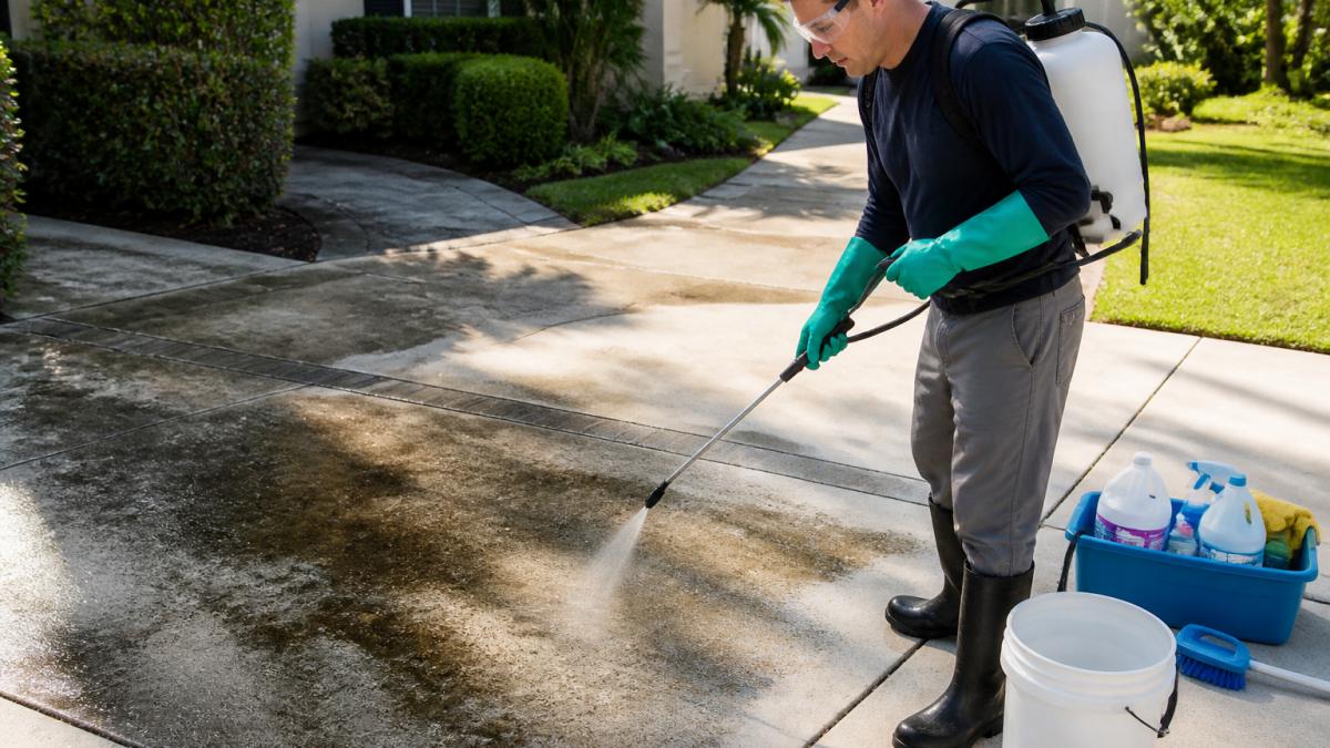 Homeowner wearing safety gear spraying a cleaning solution to remove mildew from a stained concrete driveway