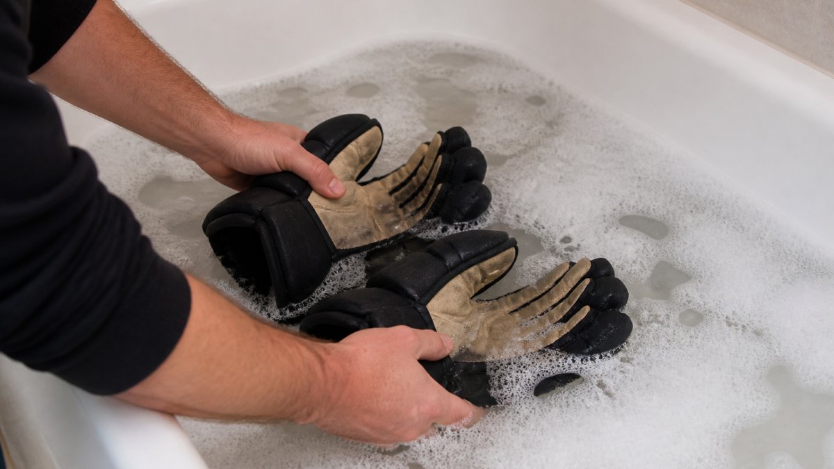 Hands gently submerging hockey gloves into a bathtub filled with soapy water for a thorough hand wash.
