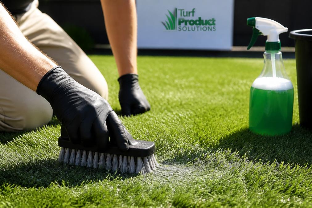 Gloved hands using a stiff bristle brush to scrub mold off artificial grass with a spray bottle nearby