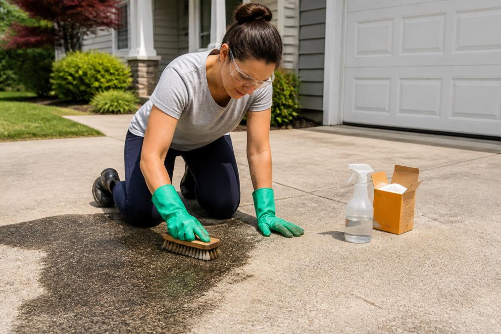 Homeowner wearing safety gear scrubbing a moldy concrete driveway to remove mold naturally