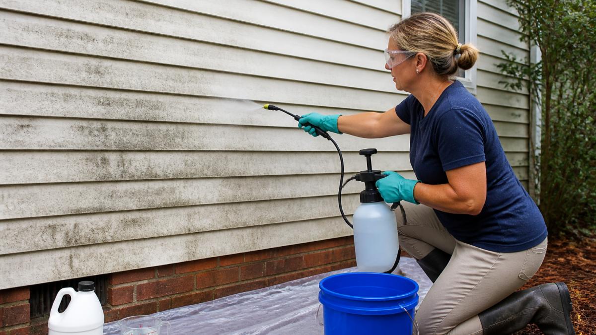 Homeowner wearing protective gloves and safety glasses spraying diluted bleach solution onto black mold stains on vinyl siding with a pump sprayer, natural daylight illuminating the work area