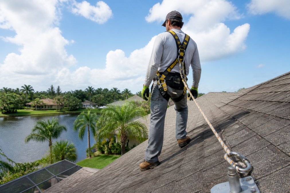 Professional wearing safety harness, protective gloves, and full PPE equipment standing securely on a sloped asphalt roof with clear safety setup and proper anchor points