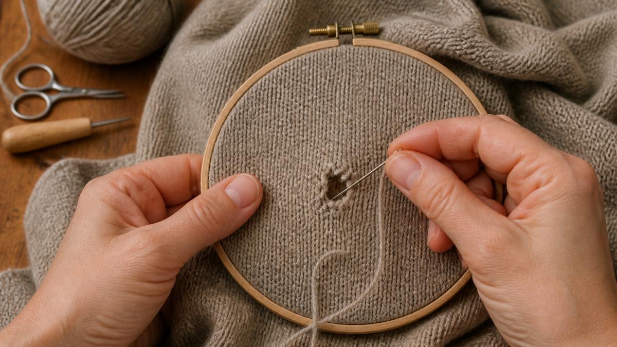 Hands using a darning needle and matching yarn to repair a moth hole in a wool sweater with an embroidery hoop