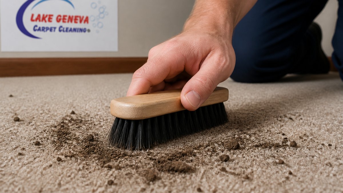 Close-up of stiff brush bristles removing dried mud particles from carpet fibers, showing debris being lifted with controlled downward strokes
