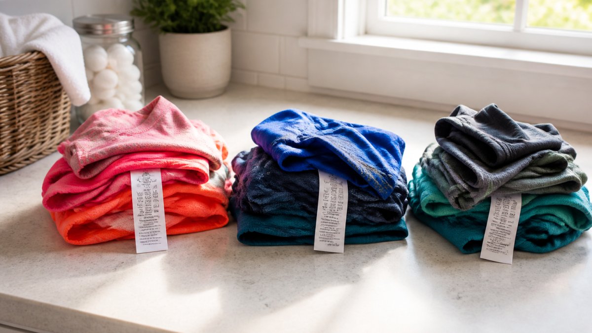 Diagram showing the process of sorting colorful workout clothes into piles by fabric type for laundry.