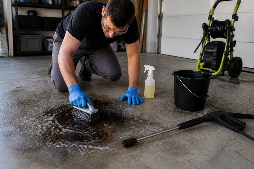 A person in safety glasses and nitrile gloves scrubbing a dark oil stain on a concrete garage floor with a stiff bristle brush and degreaser, bucket and pressure washer visible nearby
