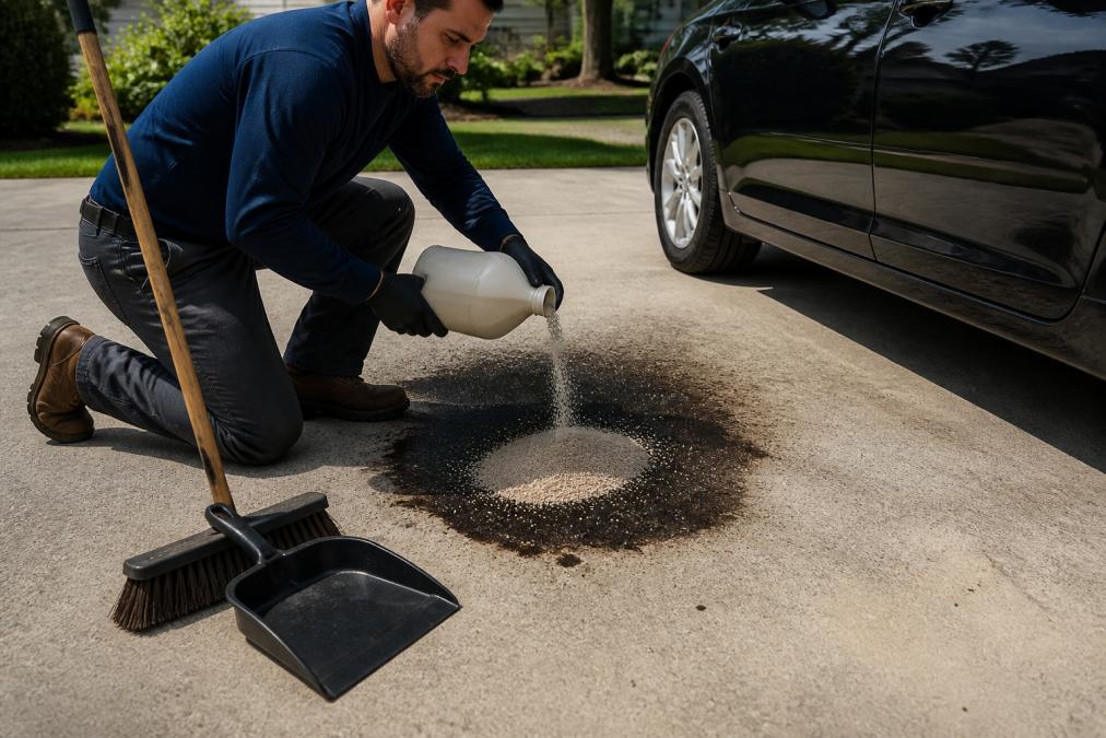 Homeowner pouring kitty litter on oil stains concrete to absorb a fresh spill on a sunny driveway.