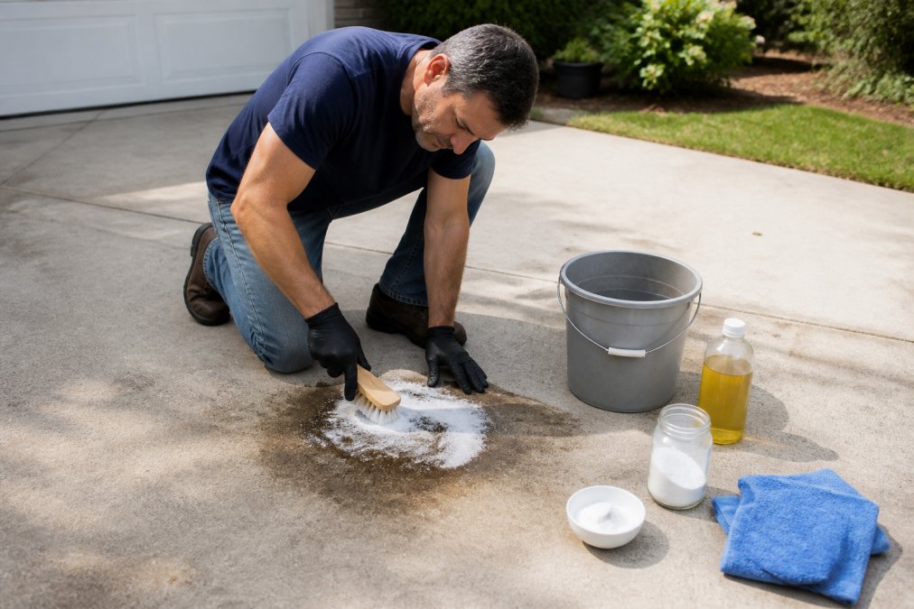 Homeowner scrubbing a baking soda paste onto oil stains concrete on a driveway with a bristle brush
