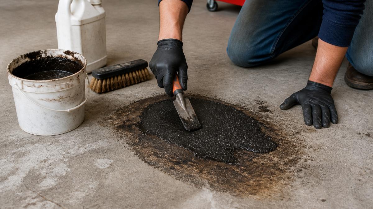 Applying an absorbent poultice to remove oil stains from concrete on a garage floor with a stiff brush nearby.