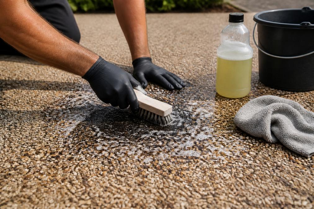 Close-up of gloved hands scrubbing a dark oil stain on a resin driveway with a stiff-bristled brush and a biodegradable cleaning solution, natural daylight