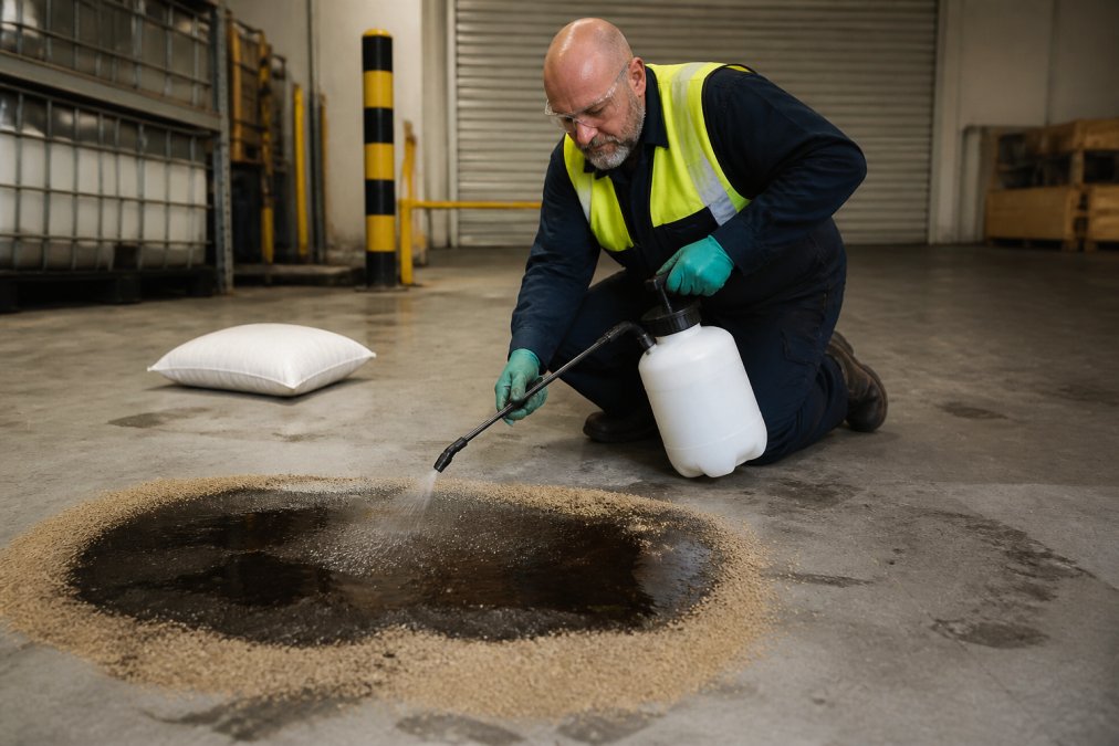 Warehouse worker applying industrial degreaser to remove oil stains from warehouse floors with a pump sprayer.