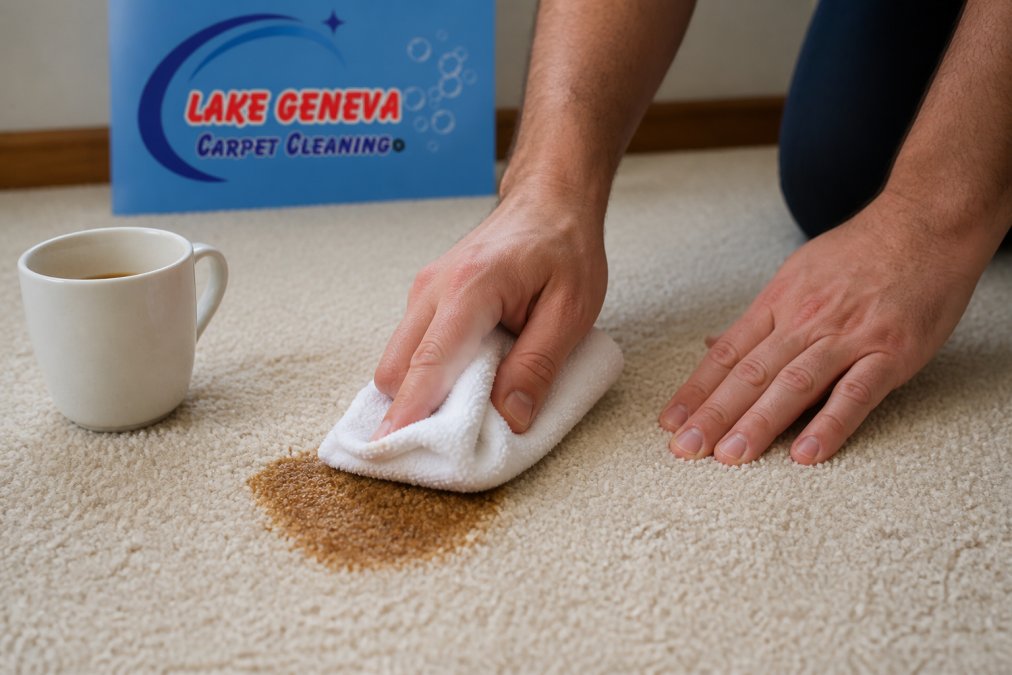 Person's hands using a white microfiber towel to blot a wet coffee stain on light beige carpet, demonstrating proper blotting technique with careful pressure