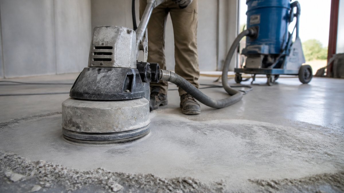 Close-up of a diamond cup wheel grinder removing old epoxy coating from concrete surface, with dust control equipment and safety gear visible in background