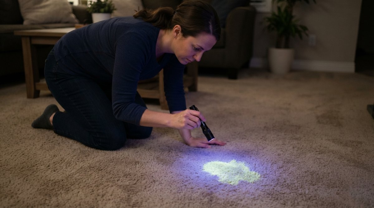 A person kneeling on a living room carpet holding a handheld UV blacklight, illuminating a faint yellow stain on the beige carpet fibers in a dimly lit room