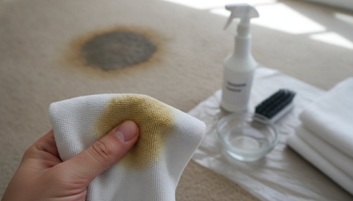 Close-up of a person's hands blotting a light-colored carpet stain with a folded white cloth, a spray bottle and open box of baking soda sitting on the floor nearby in a well-lit residential living room