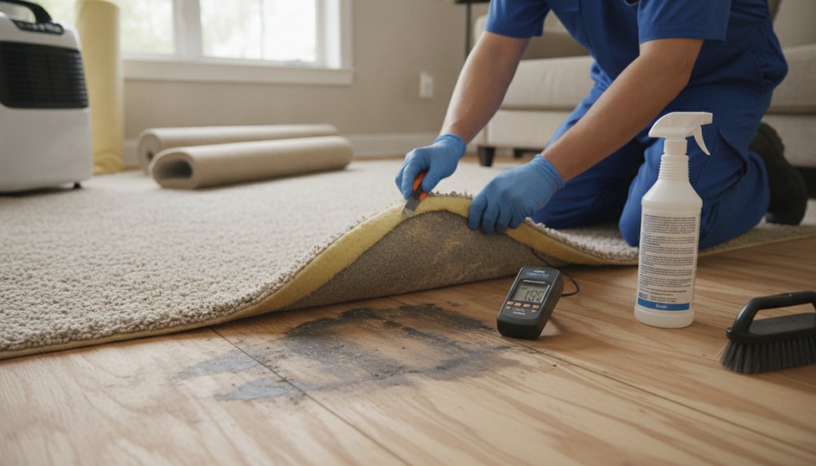 A professional carpet cleaner in work clothes kneeling on a residential floor, lifting the corner of a beige carpet with both hands to inspect the foam padding and wooden sub-floor beneath for moisture or staining, under bright indoor lighting