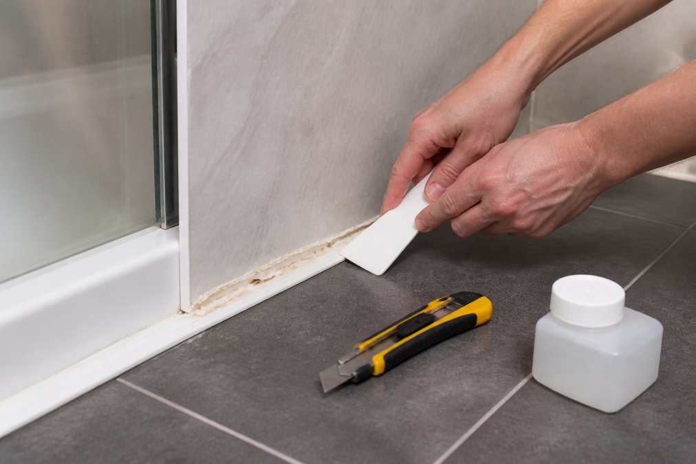 Person using a plastic scraper to remove old silicone sealant from the edge of a bathroom shower panel