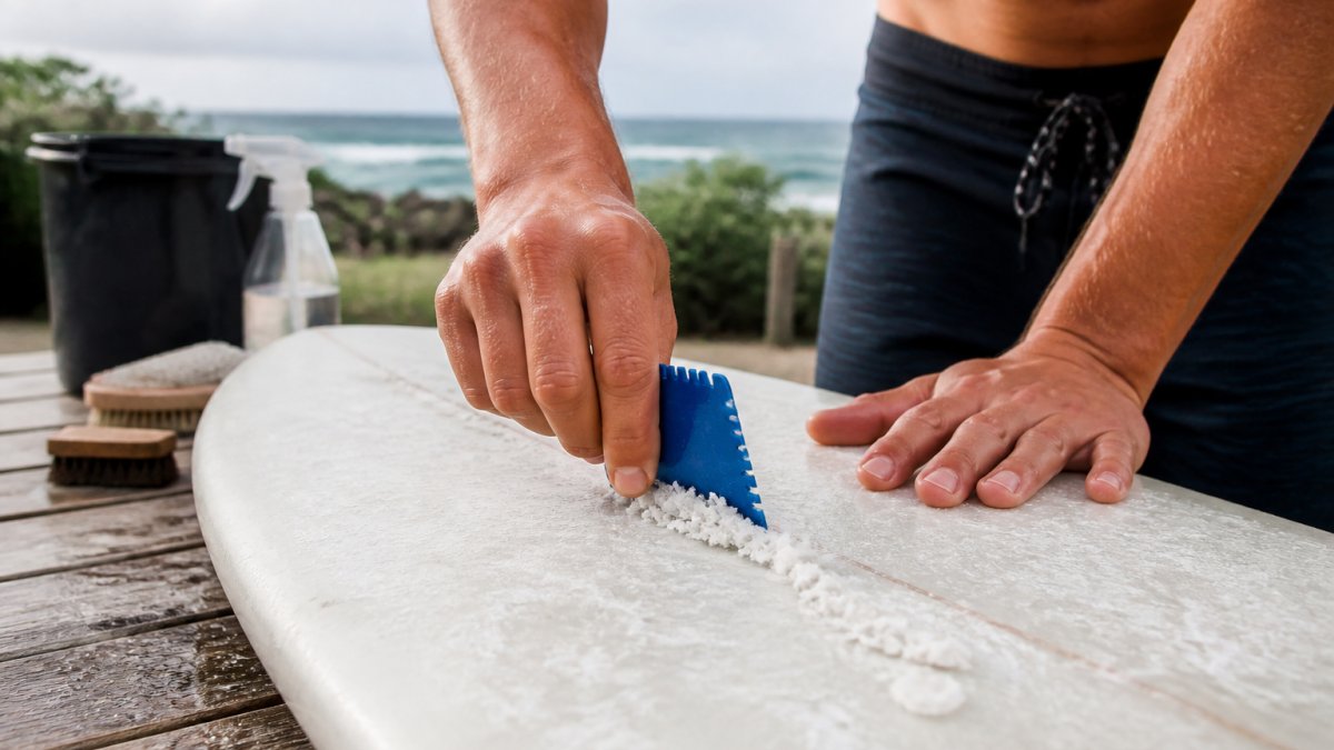 Close-up of a surfer's hands using a wax comb to scrape old wax off a surfboard deck outdoors near the beach, with softened wax curls visible on the board