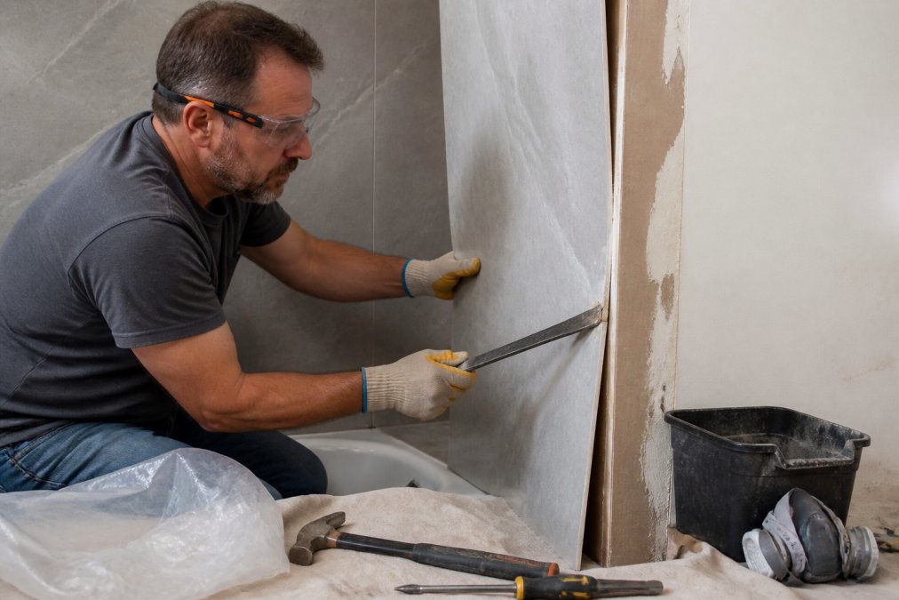 Homeowner using a pry bar to remove wetwall panels safely from a bathroom wall