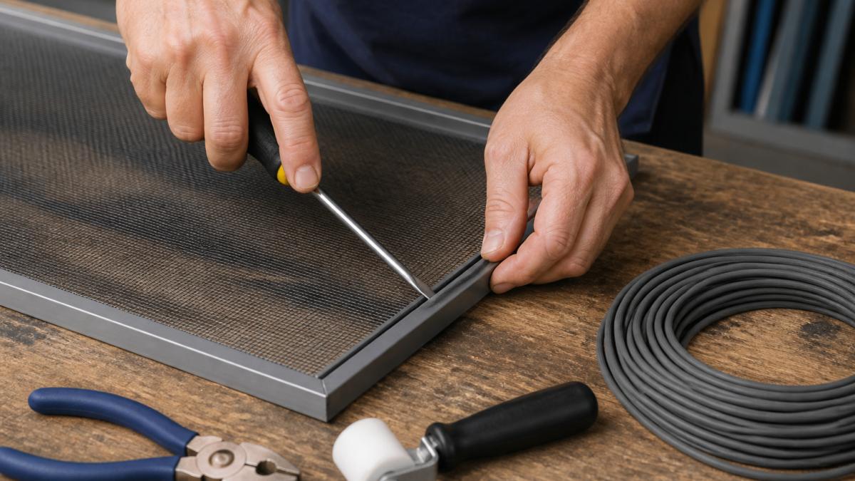 Hands using a flathead screwdriver to remove old window screen spline from a frame on a workbench