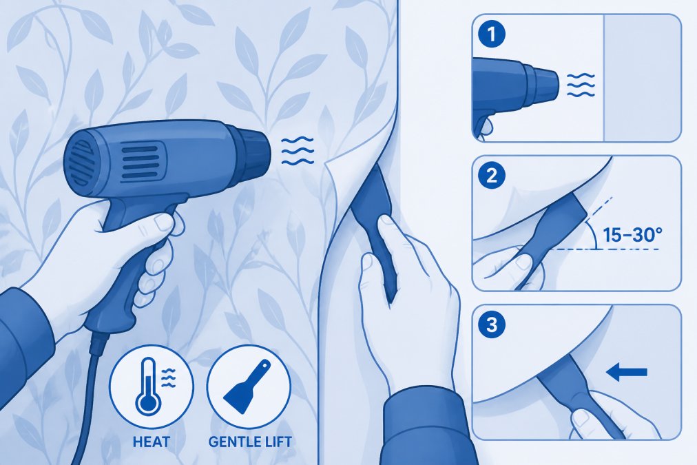 Hands using a heat gun on a wallpaper corner while gently lifting the edge with a plastic putty knife, showing the proper angle and technique