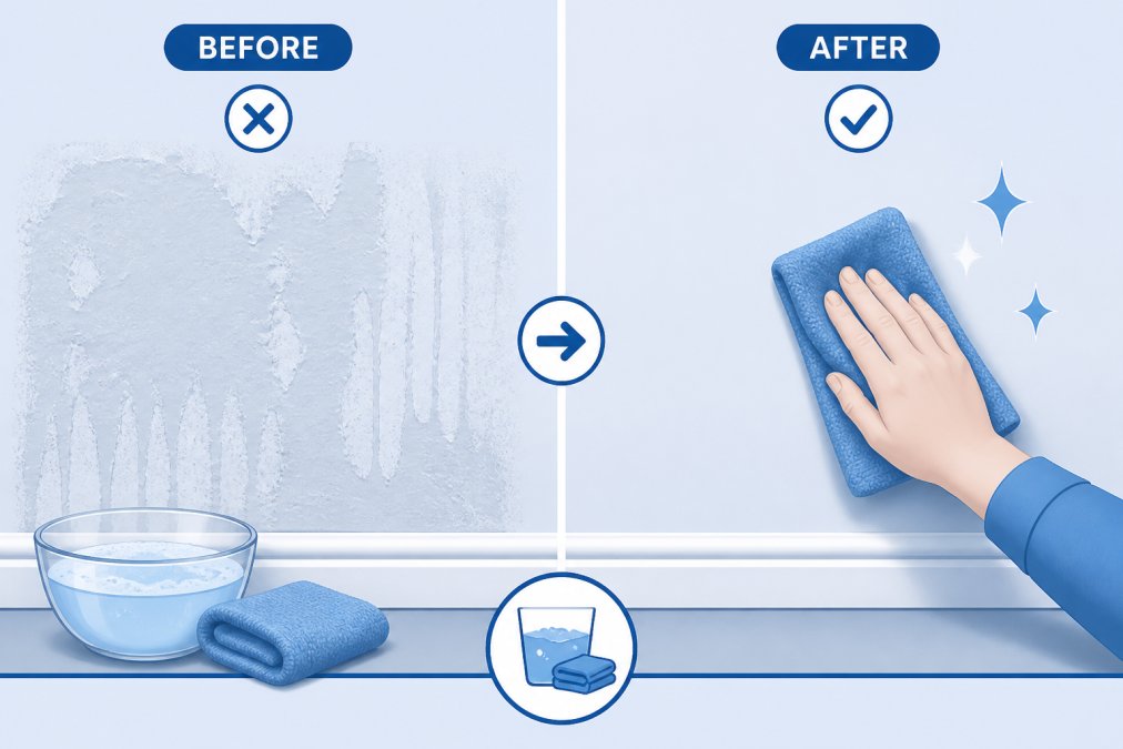 Person wiping down a wall with a microfiber cloth and soapy water solution, showing cleaned versus uncleaned sections of adhesive residue on drywall