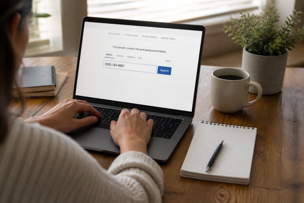 Person entering their phone number on a laptop to learn how to remove personal info from whitepages at home.