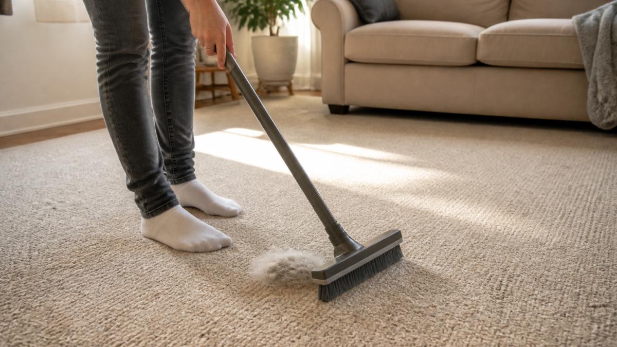 Close-up of a person using a rubber broom on a textured carpet, with visible pet hair collecting in a pile near their feet in a sunlit living room