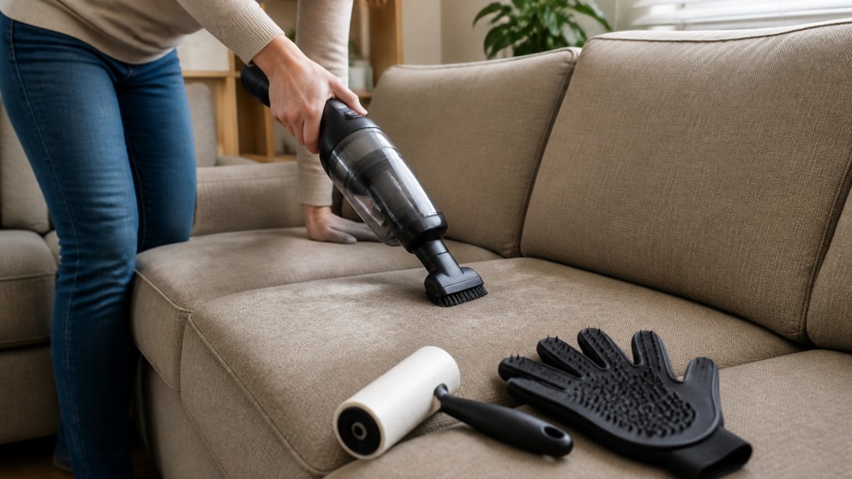 A person using a handheld vacuum with a brush attachment on a fabric sofa cushion, with a lint roller and rubber glove resting on the seat nearby in a bright living room