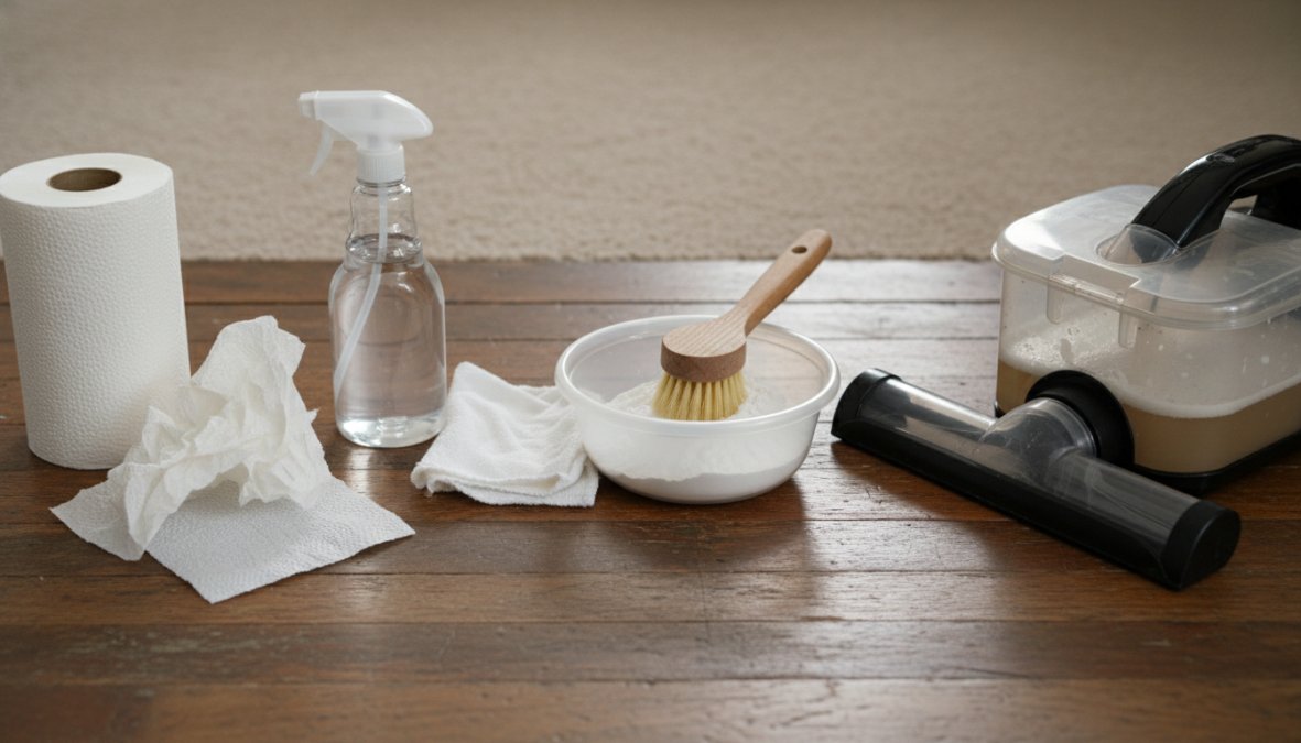 Close-up of a person pressing a thick white absorbent cloth firmly onto a damp carpet stain with both hands, demonstrating proper blotting technique on a light-colored carpet in a well-lit living room