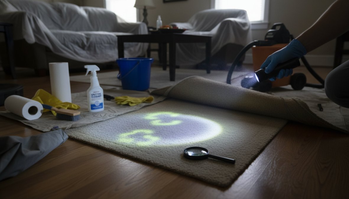 A person holding a UV black light flashlight in a dimly lit room, scanning a carpet surface that shows several glowing spots indicating hidden pet urine contamination, with painter's tape markers nearby
