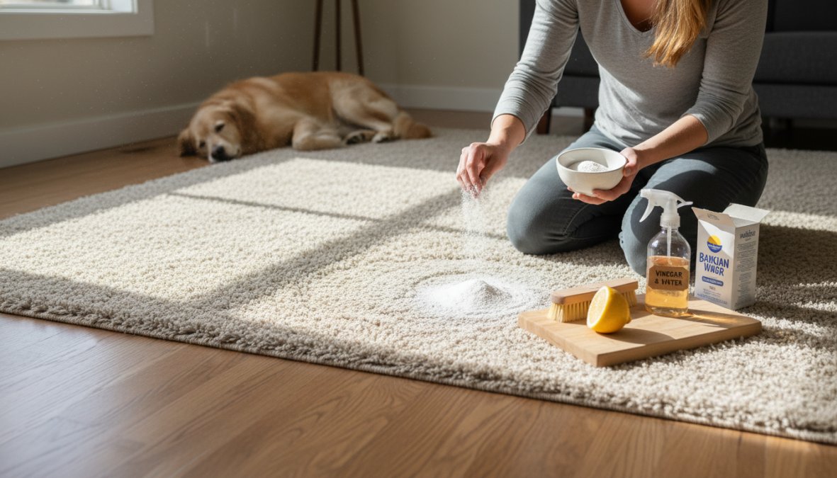 Close-up of a person in casual clothing sprinkling white baking soda powder onto a light-colored carpet near a blue pet bed, with a spray bottle of white vinegar and folded cleaning cloths visible on a hardwood floor beside them, warm natural window light