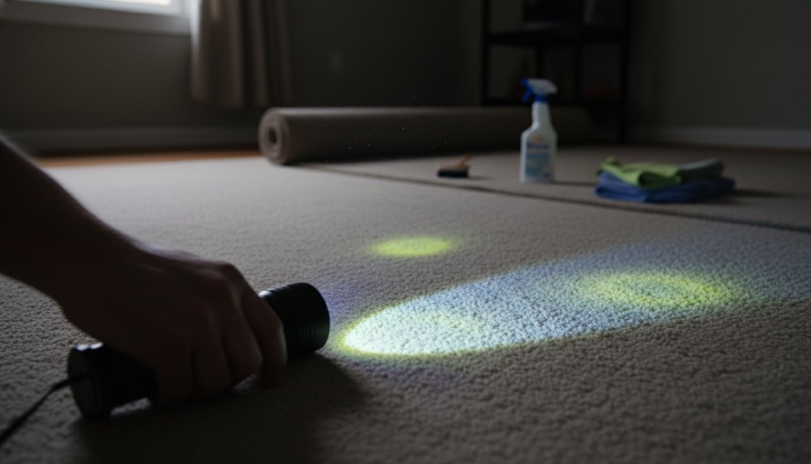 A person holding a UV blacklight flashlight in a darkened bedroom, scanning a beige carpet that shows several glowing yellow-green spots indicating hidden dried pet urine stains, with faint ambient light from a doorway