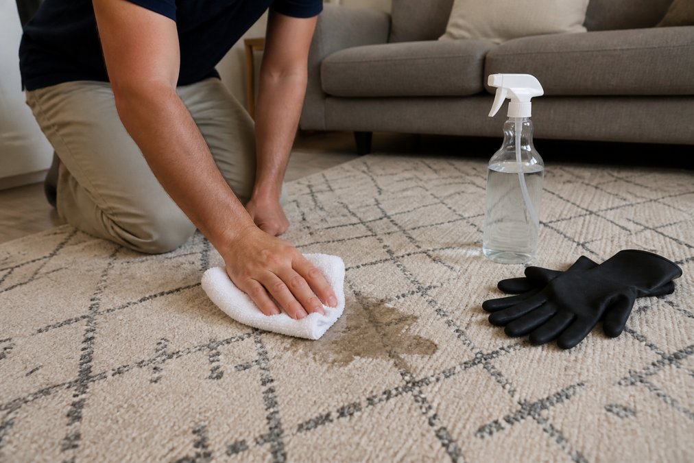 Person kneeling on an area rug, blotting fresh pet stains with a clean white cloth and enzyme cleaner