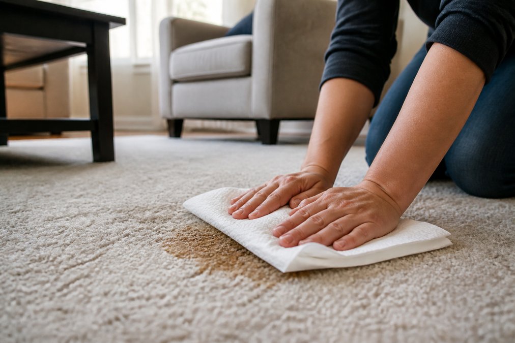 Close-up of a person pressing white paper towels firmly onto a wet carpet stain, demonstrating the blotting technique on a light-colored carpet in a bright residential living room