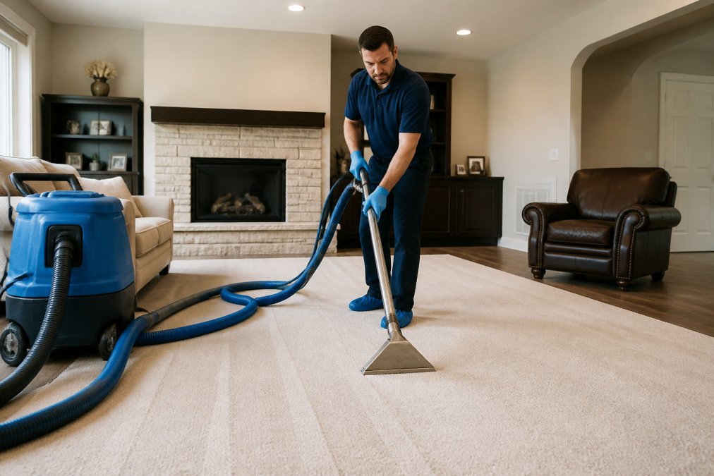 A professional carpet cleaning technician operating a commercial extraction machine on a carpeted living room floor, with hoses and cleaning equipment visible, working under bright overhead lighting