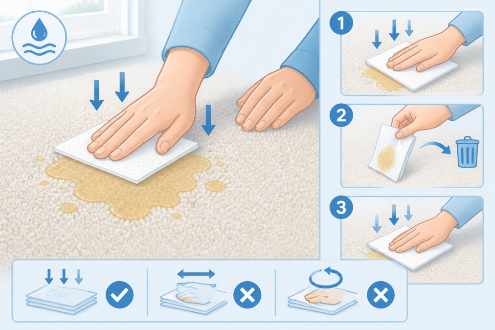 Close-up of hands blotting fresh pet urine stain on light-colored carpet with white paper towels, showing proper downward pressing motion and towel replacement technique in natural daylight