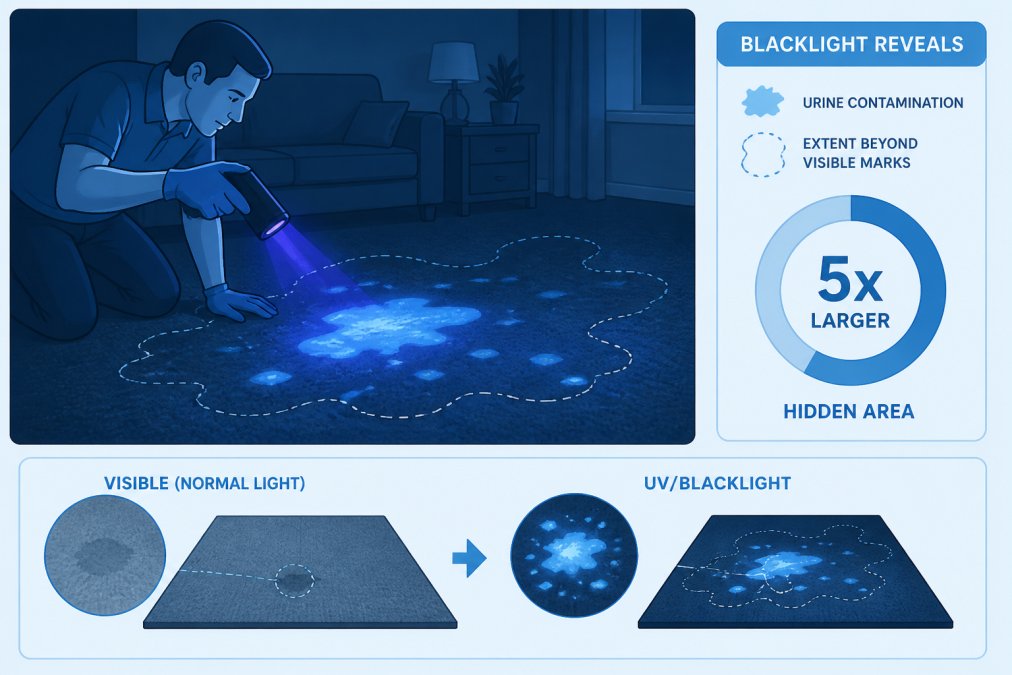 Person using handheld blacklight device to reveal hidden pet urine stains glowing on dark carpet in a dimly lit room, showing the extent of contamination beyond visible marks