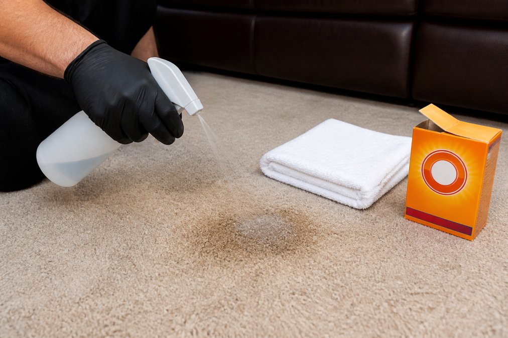 A bottle of enzymatic pet stain cleaner being sprayed directly onto a carpet stain, with a clean white towel folded nearby and a box of baking soda on the floor beside it, photographed under warm indoor lighting