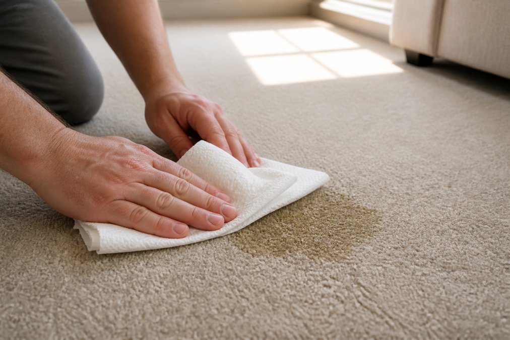 Close-up of hands using white paper towels to blot fresh pet urine stain on light beige carpet, demonstrating proper saturation control technique with natural window lighting