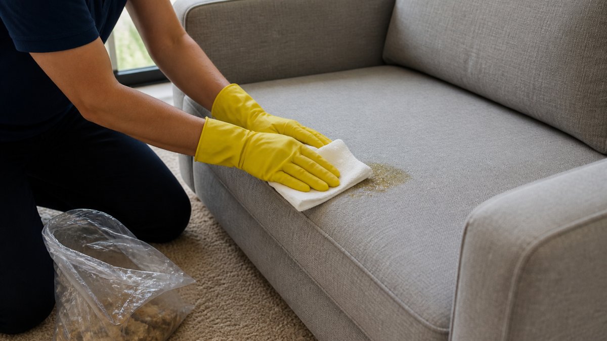 A person wearing yellow rubber gloves using a folded white paper towel to blot a small vomit stain on a light gray couch cushion, plastic bag of debris on the floor beside them, soft daylight from a nearby window