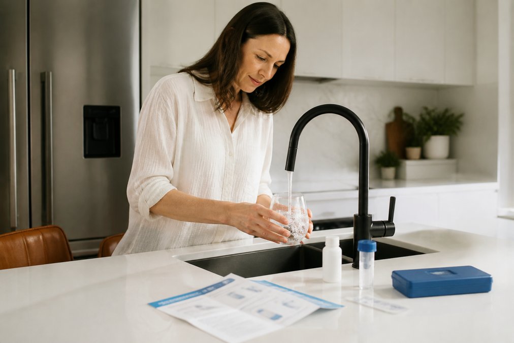 A person in a bright kitchen filling a glass from the tap, with a water testing kit and paperwork on the counter beside them